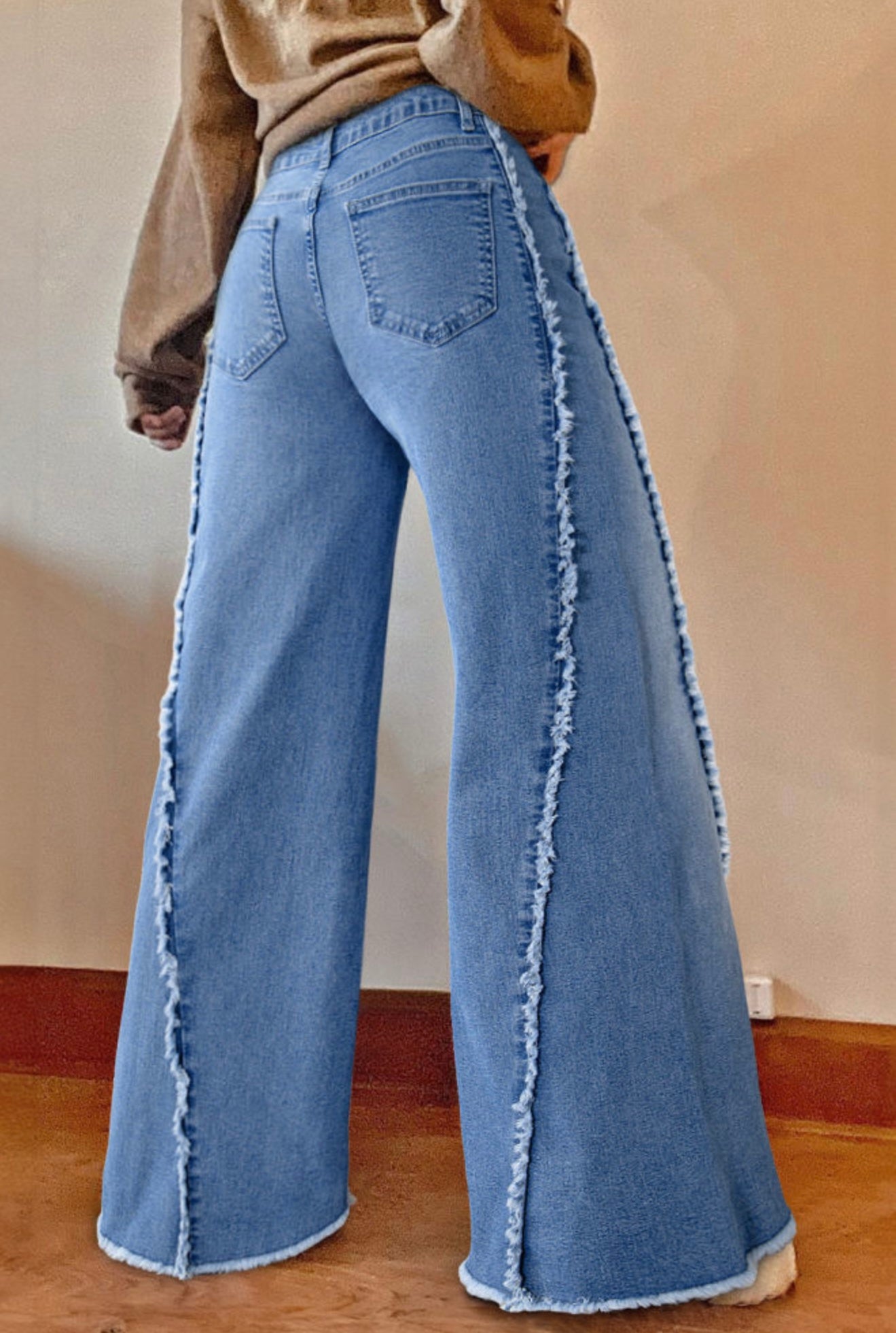 Beau Blue Vintage Stitching Raw Hem Flared Jeans