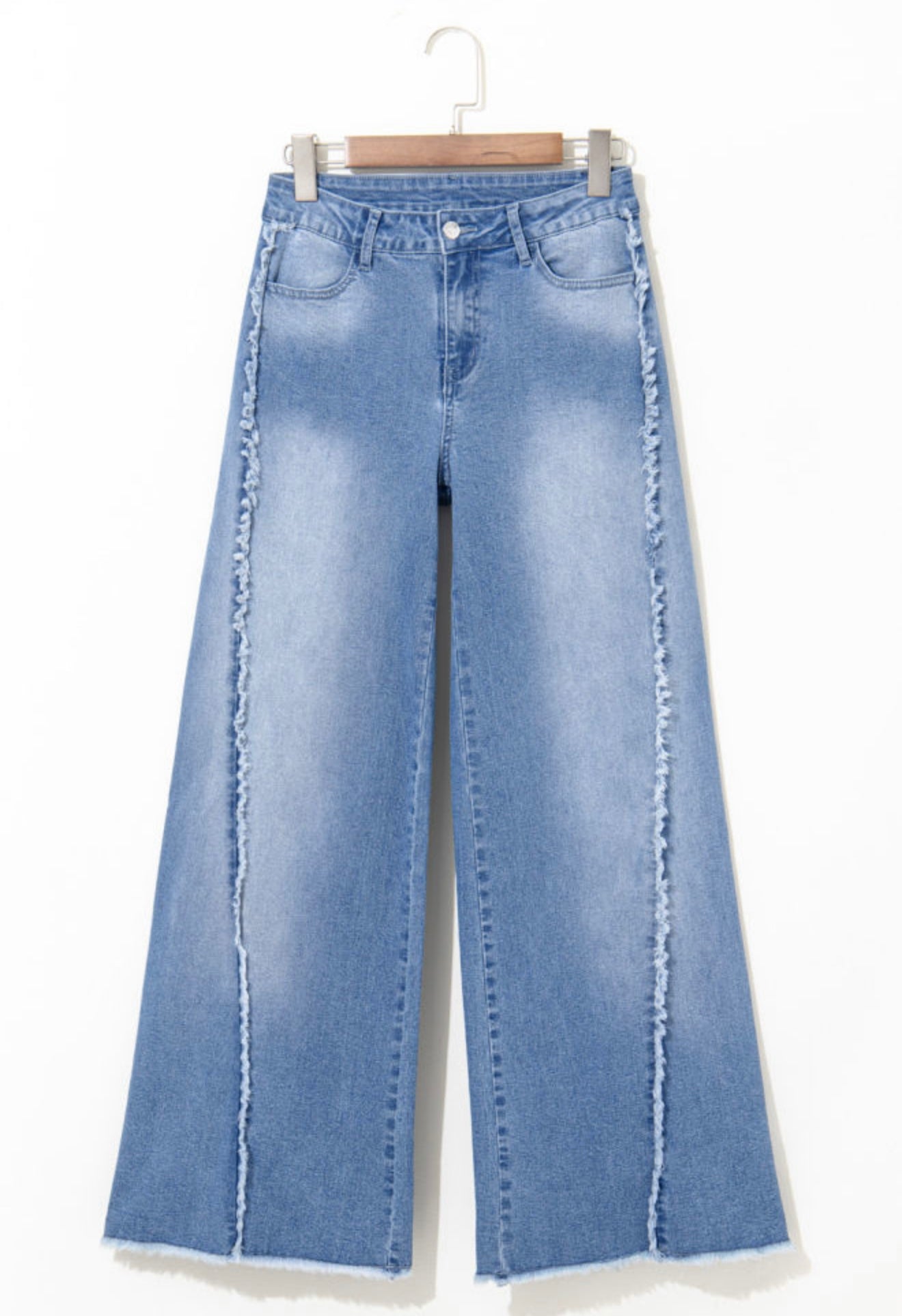 Beau Blue Vintage Stitching Raw Hem Flared Jeans