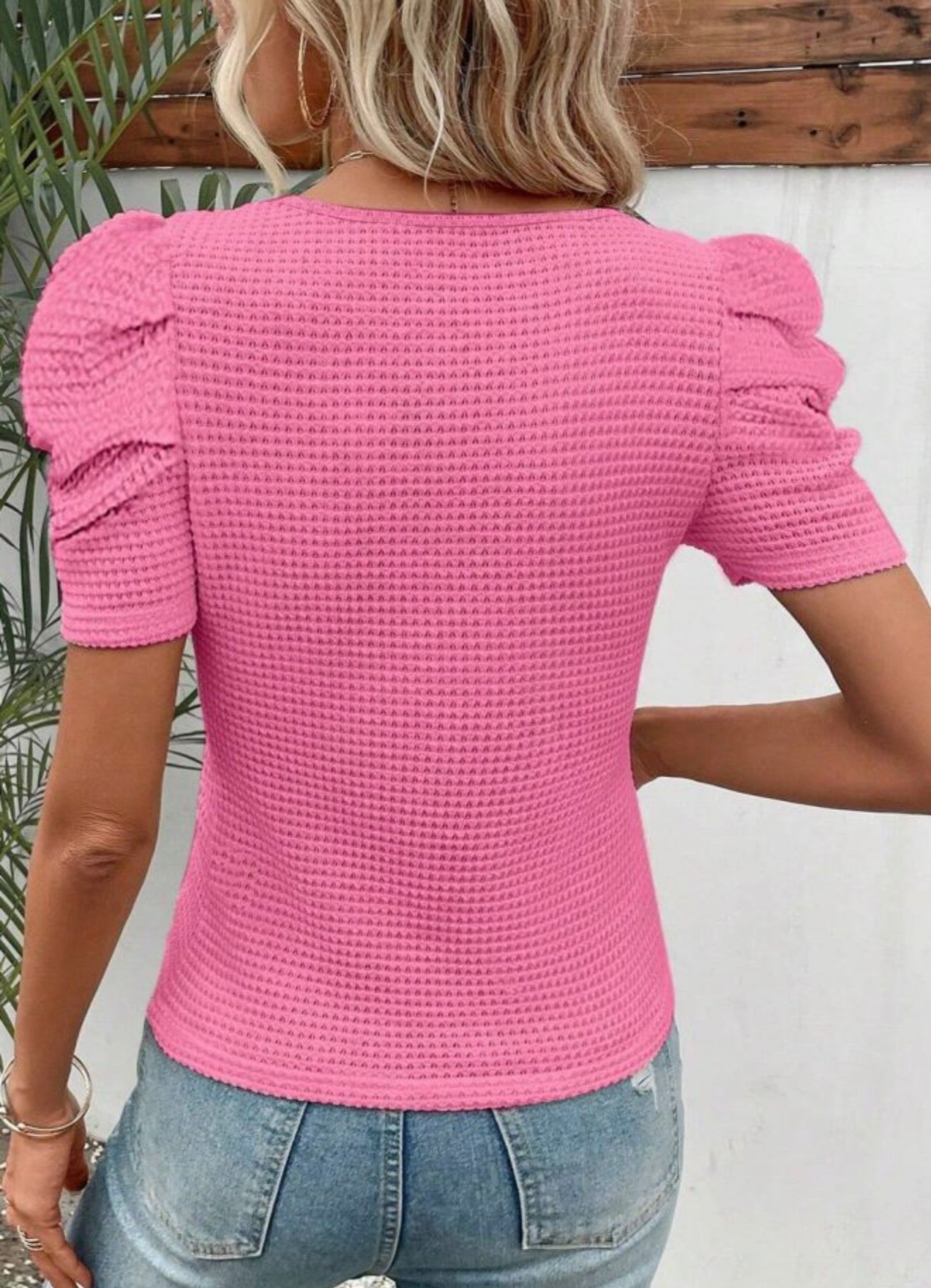 Bright Pink Waffle Knit Ruched Puff Sleeve Top