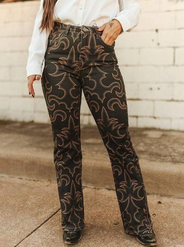 Rancho Luxe Pants Denim | Curve Collection | Intricate Gold design High Waisted