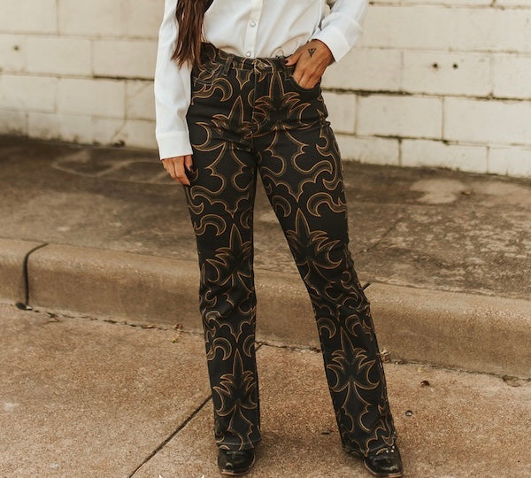 Rancho Luxe Pants Denim | Curve Collection | Intricate Gold design High Waisted