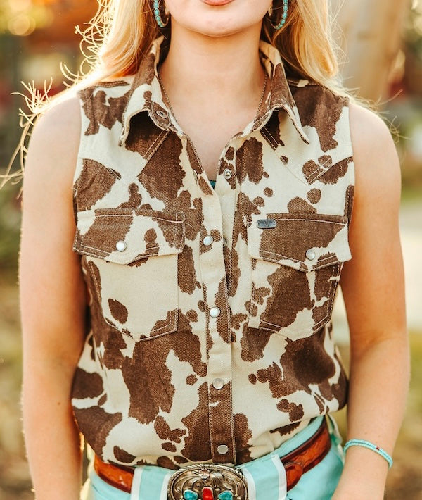Holy Cow Print Denim Button Down Sleeveless top | Curve Collection|