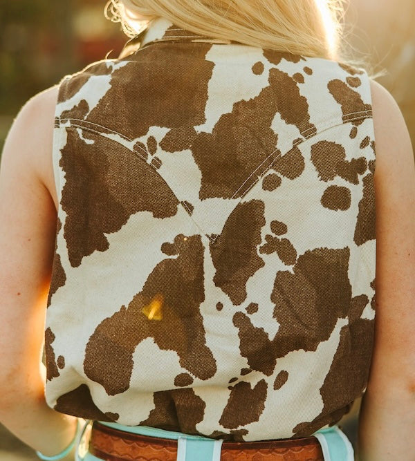 Holy Cow Print Denim Button Down Sleeveless top | Curve Collection|