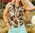Holy Cow Print Denim Button Down Sleeveless top | Curve Collection|